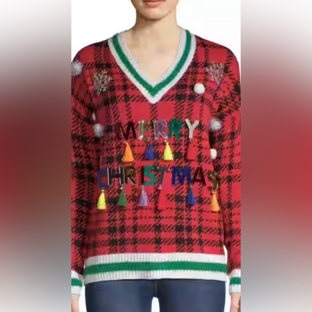 99JANE STREET Red/Blk Plaid Ugly Christmas Sweater Holiday Theme Embellishments